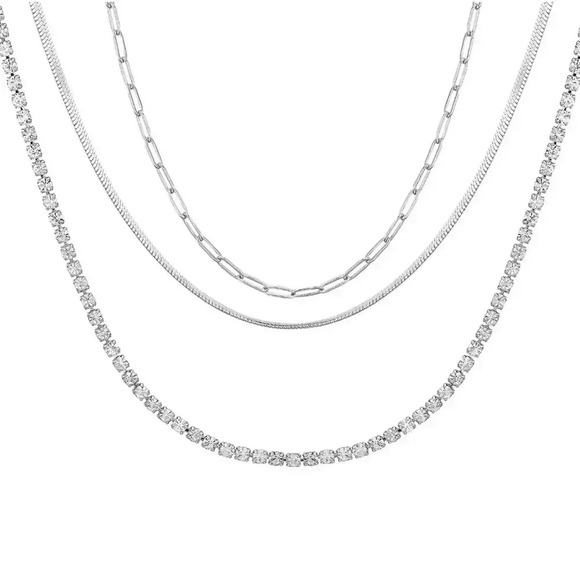 Isla & Alex Crystal Link, Herringbone, Tennis Chain Layered Necklace Set - New - Picture 2 of 4
